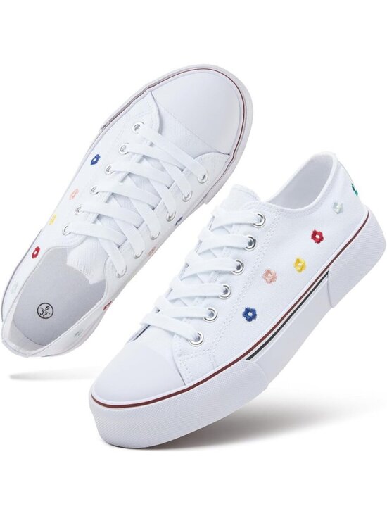 Shoes - Women's White Embroidery Low Top Canvas Slip on Casual Tennis Fashion Sneaker